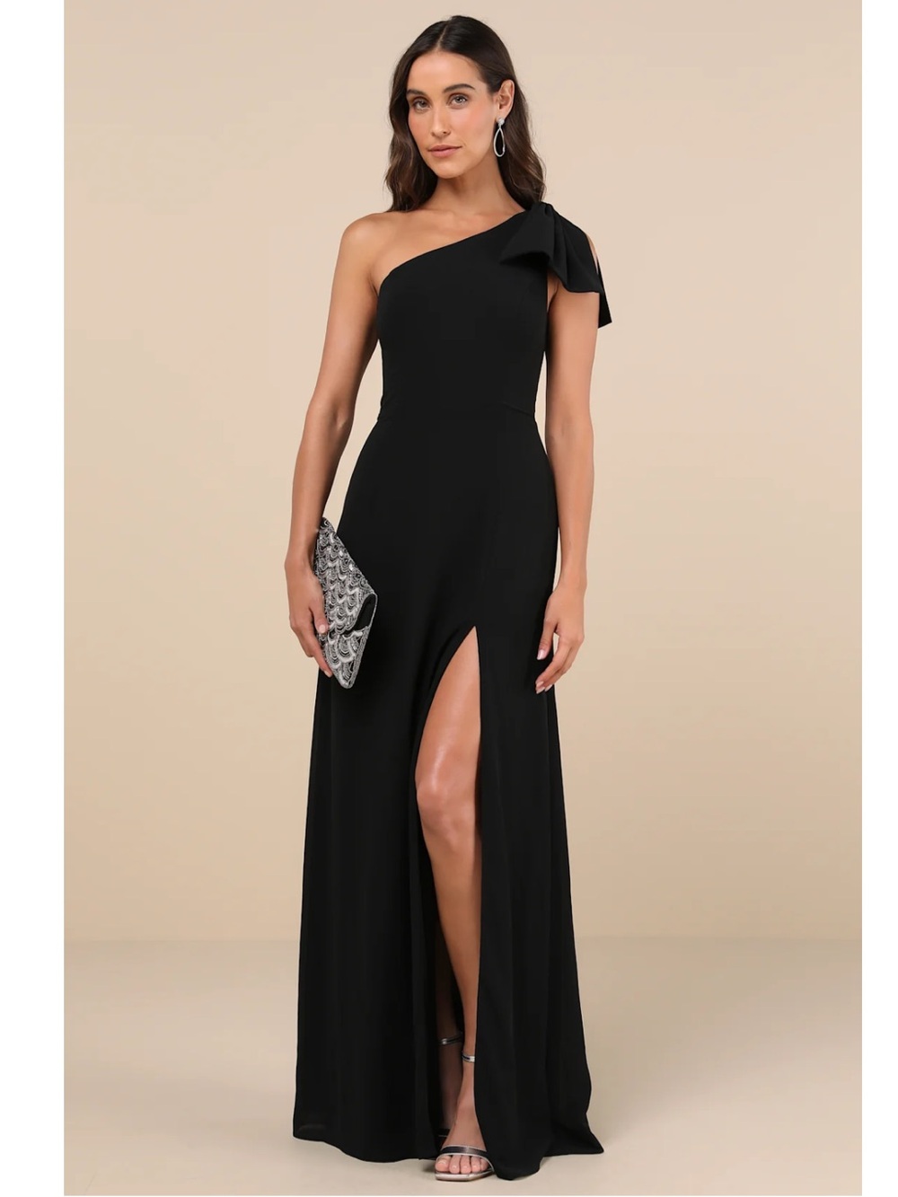 Lulus Simply Brilliant Black One-Shoulder Bow Side Slit Maxi Dress Formal Attire